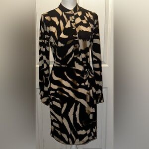 Calvin Klein Black and Cream Patterned Long Sleeve Dress